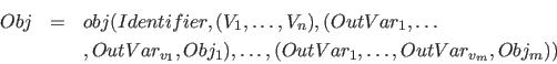 \begin{eqnarray*}
Obj &=& obj( Identifier , ( V_1 , \ldots , V_n ) , ( OutVar_{1...
...}, Obj_1), \ldots , ( OutVar_{1}, \ldots ,OutVar_{v_m}, Obj_m) )
\end{eqnarray*}